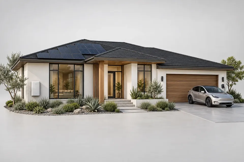 A modern single-story home with solar panels on the roof and an electric car in the driveway.